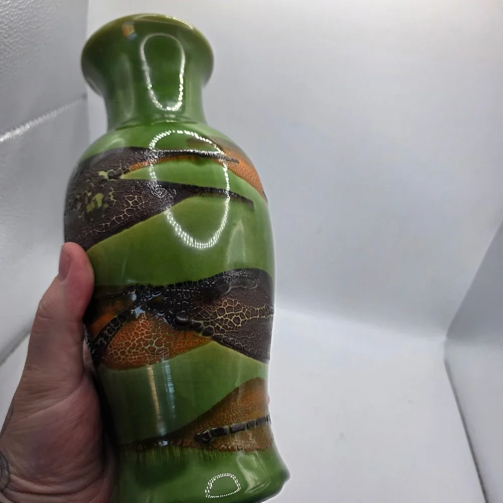 Vintage Haeger Pottery Vase Green Brown Orange Textured Glaze MCM Art Pottery